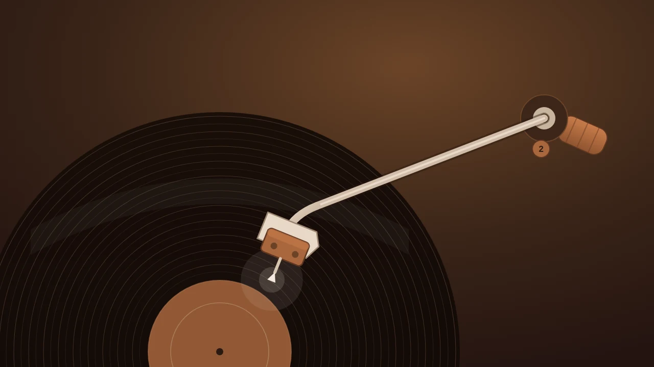 Illustrazione del braccio di un giradischi con contrappeso, testina e puntina appoggiata sul solco di un vinile