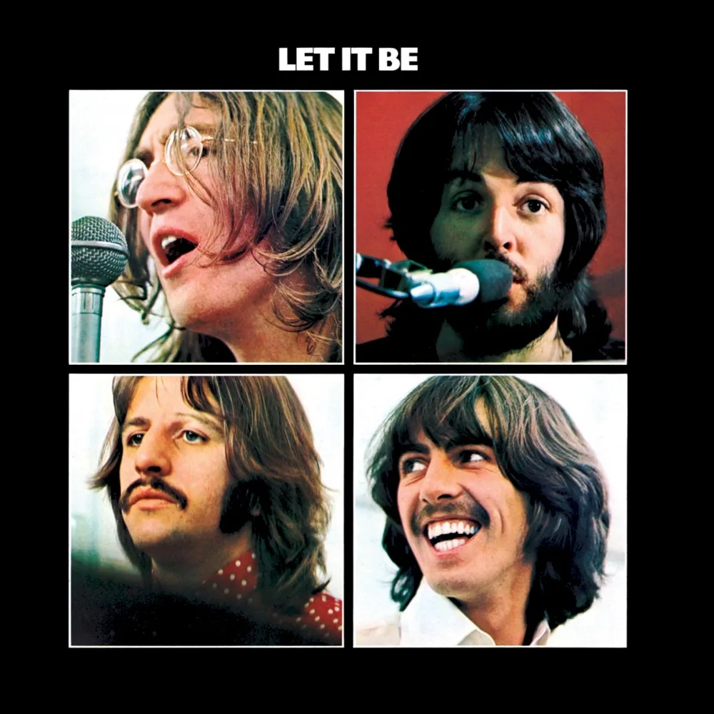 Copertina di Let It Be dei Beatles: sfondo nero, il titolo in bianco e quattro fotografie quadrate dei componenti del gruppo